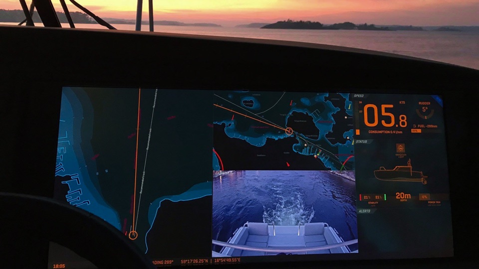 Helm display on a boat at sunset