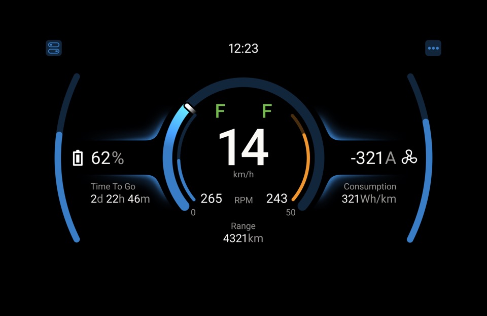Electric propulsion display showing speed, RPM, range and battery
