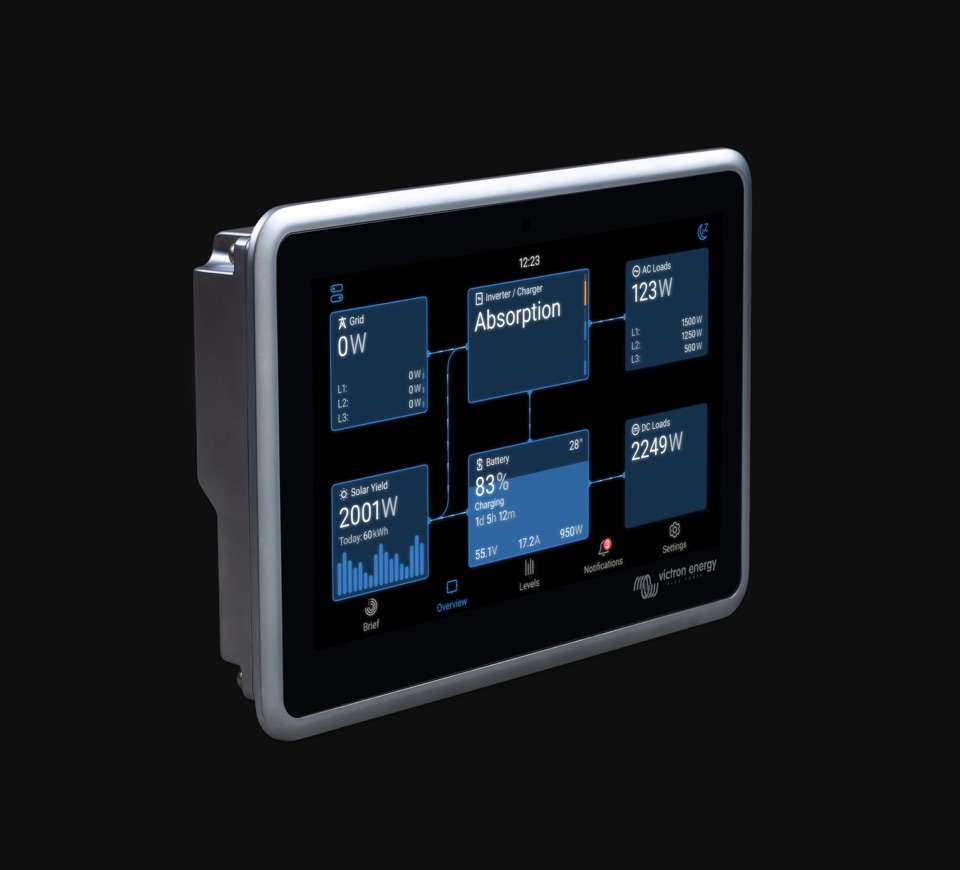 Ekrano GX monitoring device showing the energy overview