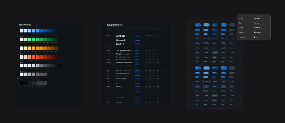 Colour primitives, typography system and button components